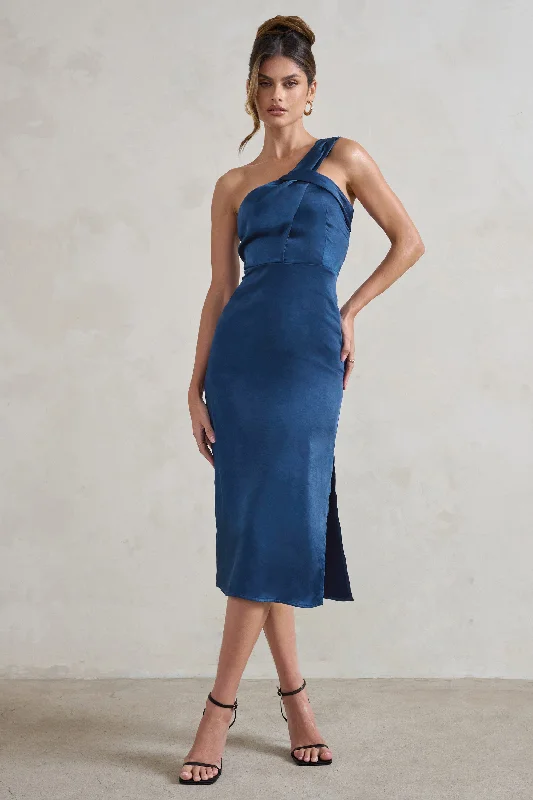 Midi dresses with halter necks for a stylish and comfortable option Steffie | Navy Asymmetric Satin Midi Dress Midi dresses with halter necks for a stylish and comfortable option Steffie | Navy Asymmetric Satin Midi Dress