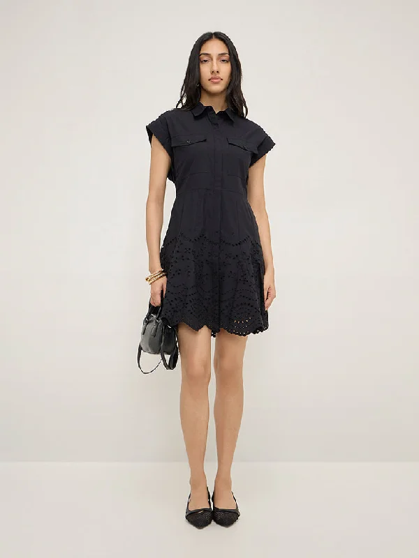 Mini dresses with patchwork designs for a unique style LOV Black Schiffli Design Cotton Shirt Dress Mini dresses with patchwork designs for a unique style LOV Black Schiffli Design Cotton Shirt Dress