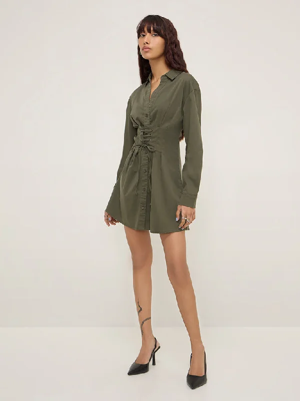 Floral print mini dresses for summer parties Nuon Olive Corset-Style Cotton-Blend Shirt Dress Floral print mini dresses for summer parties Nuon Olive Corset-Style Cotton-Blend Shirt Dress