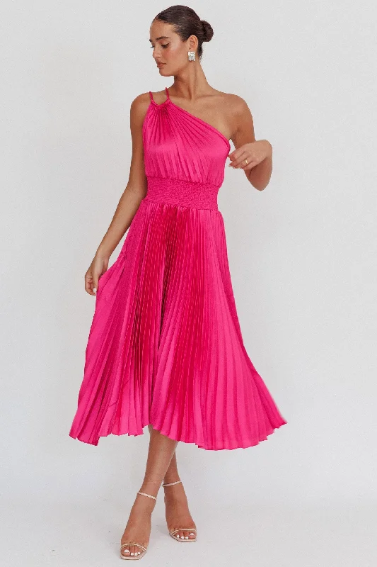 Midi dresses with puff sleeves for a vintage - inspired look Calissa One Shoulder Pleated Midi Dress Magenta Midi dresses with puff sleeves for a vintage - inspired look Calissa One Shoulder Pleated Midi Dress Magenta