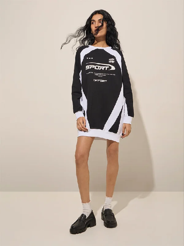 Mini dresses with tiered skirts for added volume Nuon Black Text Printed Cotton-Blend Straight Dress Mini dresses with tiered skirts for added volume Nuon Black Text Printed Cotton-Blend Straight Dress