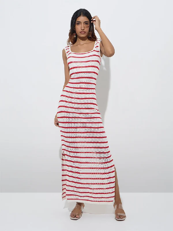 Ruffled mini dresses for a romantic touch LOV Red Striped Crochet Cotton Bodycon Dress