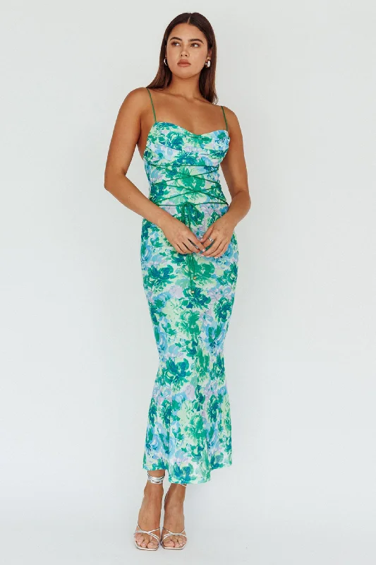 Midi dresses with ruffled hems for a romantic date night Teava Laced Waist Midi Dress Floral Green Midi dresses with ruffled hems for a romantic date night Teava Laced Waist Midi Dress Floral Green