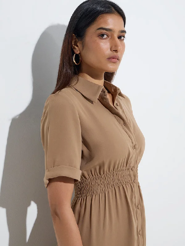 Plaid mini dresses for fall fashion Wardrobe Brown Solid Shirt Dress