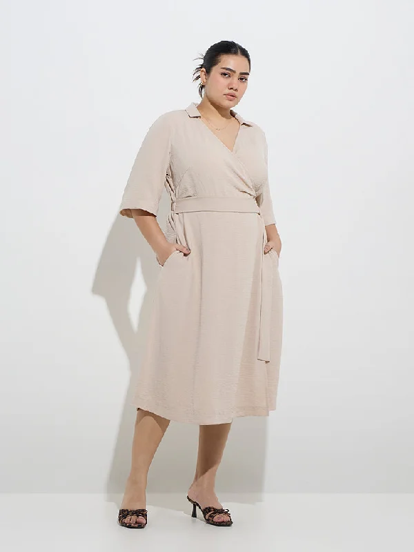 Sheer mini dresses with lace inserts Gia Beige Crinkle-Textured Wrap Dress