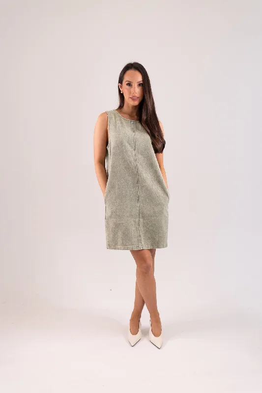 Mini dresses with cut - out details for a trendy look Kiera Denim Shift Dress In Khaki Mini dresses with cut - out details for a trendy look Kiera Denim Shift Dress In Khaki