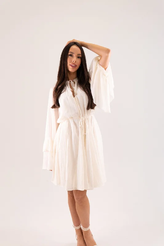 Mini dresses with bow accents for a sweet look Elsa Ruffle Sleeve Dress In Neutral