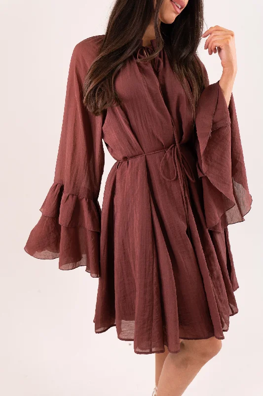 Mini dresses with geometric prints for a modern aesthetic Elsa Ruffle Sleeve Dress In Rust Mini dresses with geometric prints for a modern aesthetic Elsa Ruffle Sleeve Dress In Rust