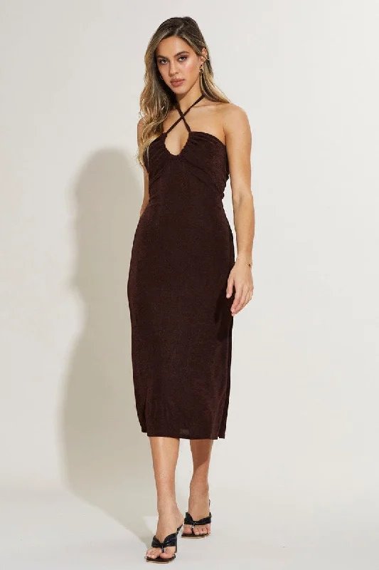 Midi dresses with button - front designs for a classic touch Brown Midi Dress Keyhole Midi dresses with button - front designs for a classic touch Brown Midi Dress Keyhole