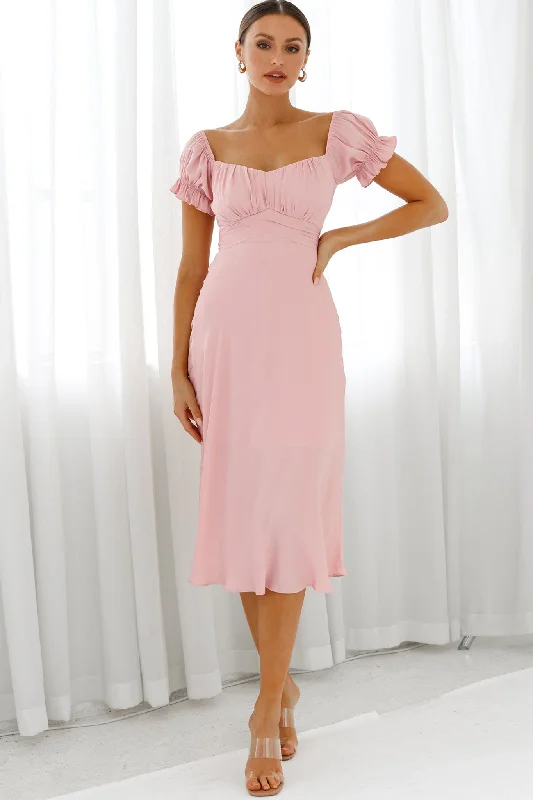 Midi dresses with asymmetric hems for a fashion - forward and dynamic appearance Linka Off-Shoulder Tie Back Midi Dress Blush Midi dresses with asymmetric hems for a fashion - forward and dynamic appearance Linka Off-Shoulder Tie Back Midi Dress Blush