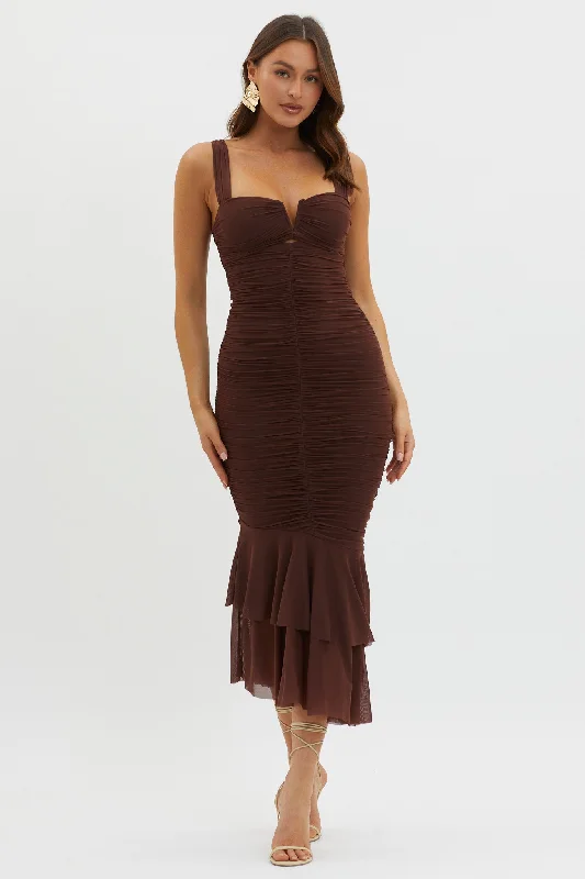 Wrap - style midi dresses in silk for a sophisticated office look Nadia Ruched Fishtail Maxi Dress Chocolate Wrap - style midi dresses in silk for a sophisticated office look Nadia Ruched Fishtail Maxi Dress Chocolate