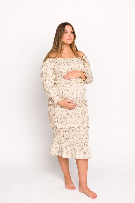High - low midi dresses with geometric patterns for a modern party Lila Floral Printed Smocked Midi Dress in Blue - Bump Friendly High - low midi dresses with geometric patterns for a modern party Lila Floral Printed Smocked Midi Dress in Blue - Bump Friendly
