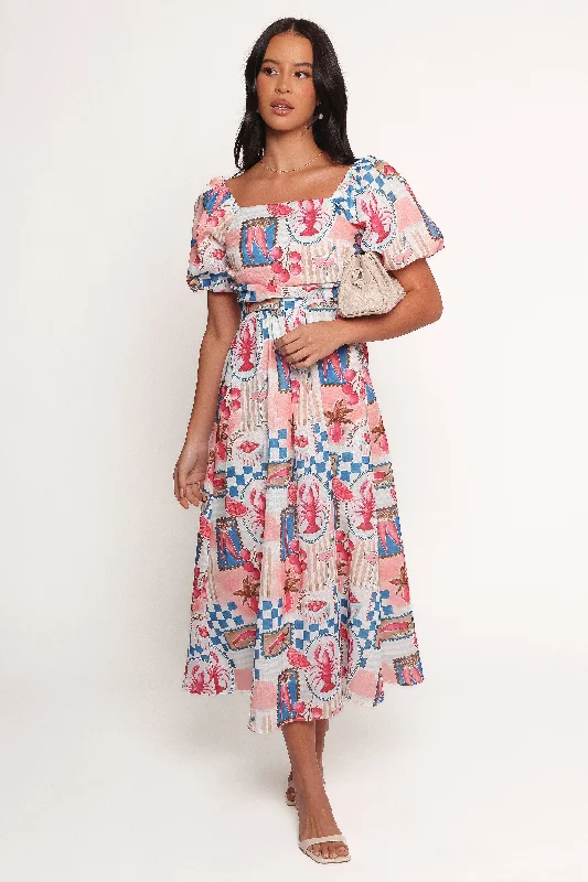 Midi dresses with fringe details for a fun and energetic style Clo Puff Sleeve Midi Dress - Pink Blue Midi dresses with fringe details for a fun and energetic style Clo Puff Sleeve Midi Dress - Pink Blue