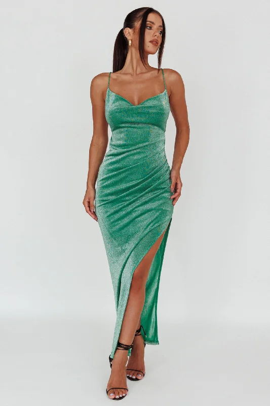 Midi dresses with ruffled bodices for a more pronounced feminine look Moonstone Side Split Strappy Back Midi Dress Green Midi dresses with ruffled bodices for a more pronounced feminine look Moonstone Side Split Strappy Back Midi Dress Green