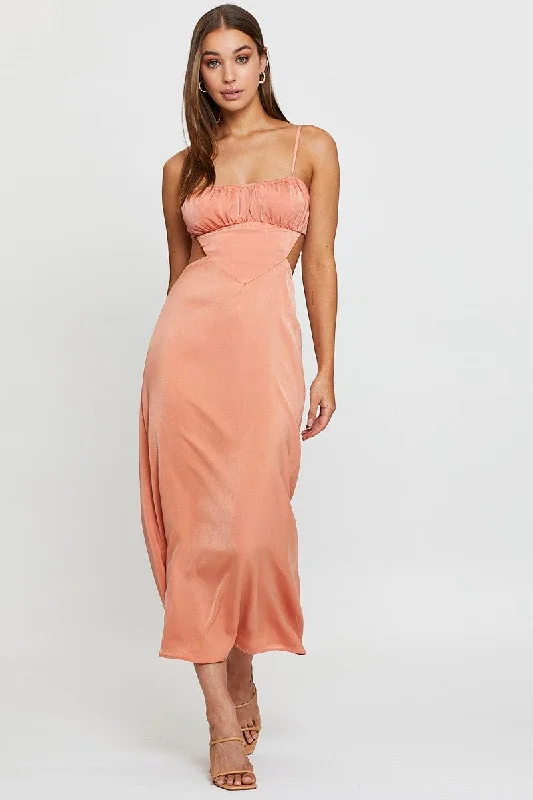 Midi dresses with asymmetric hems for a fashion - forward and dynamic appearance Orange Midi Dress Evening Cowl Neck Midi dresses with asymmetric hems for a fashion - forward and dynamic appearance Orange Midi Dress Evening Cowl Neck