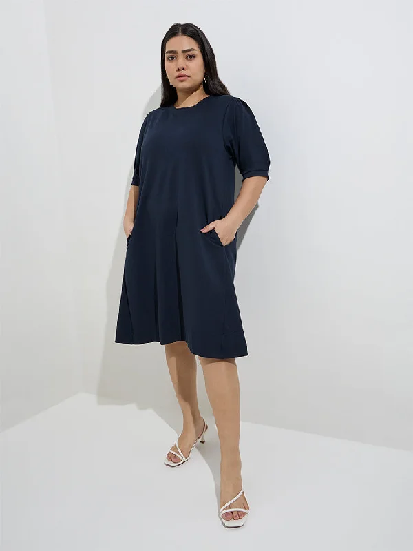 Mini dresses with one - shoulder designs Gia Navy Solid Cotton A-Line Dress