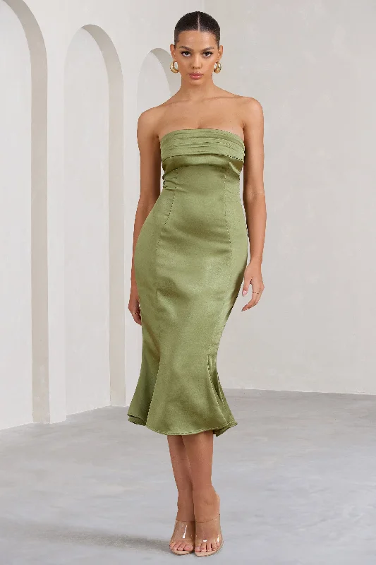 Midi dresses with belted waists to accentuate the figure Sauvignon | Olive Satin Bandeau Midi Dress With Cowl Back Midi dresses with belted waists to accentuate the figure Sauvignon | Olive Satin Bandeau Midi Dress With Cowl Back