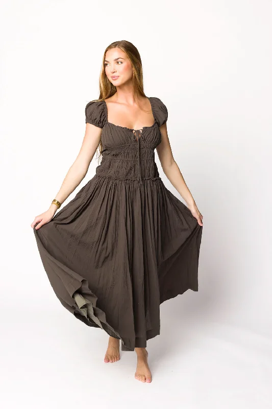 Midi dresses with animal prints for a bold and confident appearance Aria Smocked Maxi Dress with Dropped Waist in Olive Midi dresses with animal prints for a bold and confident appearance Aria Smocked Maxi Dress with Dropped Waist in Olive