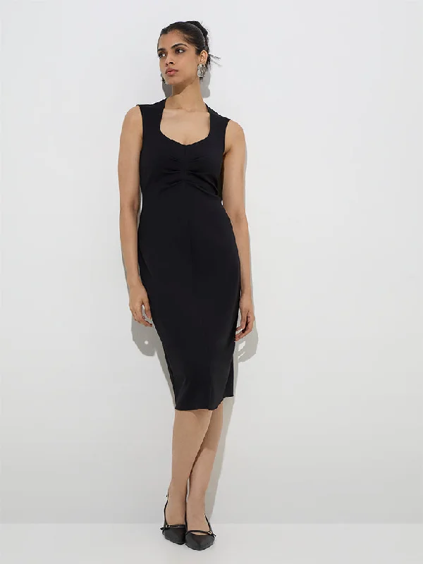 Denim mini dresses with distressed details Wardrobe Black Solid Bodycon Dress