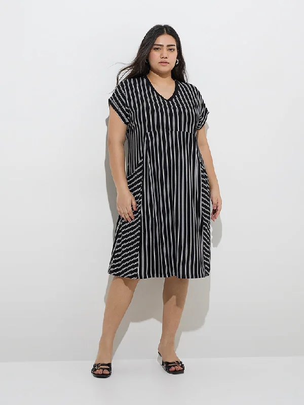 Mini dresses with asymmetric hems for a fashion - forward look Gia Black Stripe Printed Straight Dress Mini dresses with asymmetric hems for a fashion - forward look Gia Black Stripe Printed Straight Dress