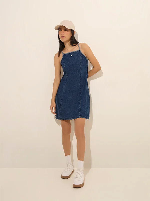 Polyester mini dresses for easy care Nuon Navy A-Line Denim Dress