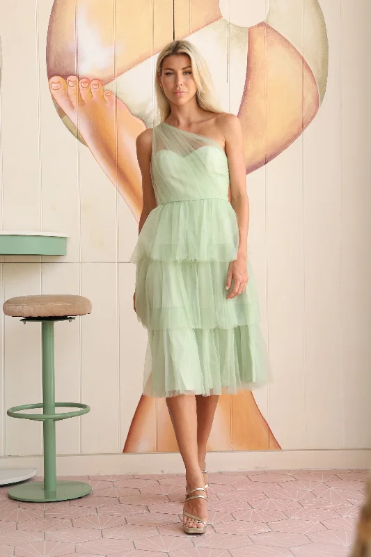 Midi dresses with patchwork patterns for a one - of - a - kind style Leyana One Shoulder Tulle Dress in Sage Green Midi dresses with patchwork patterns for a one - of - a - kind style Leyana One Shoulder Tulle Dress in Sage Green