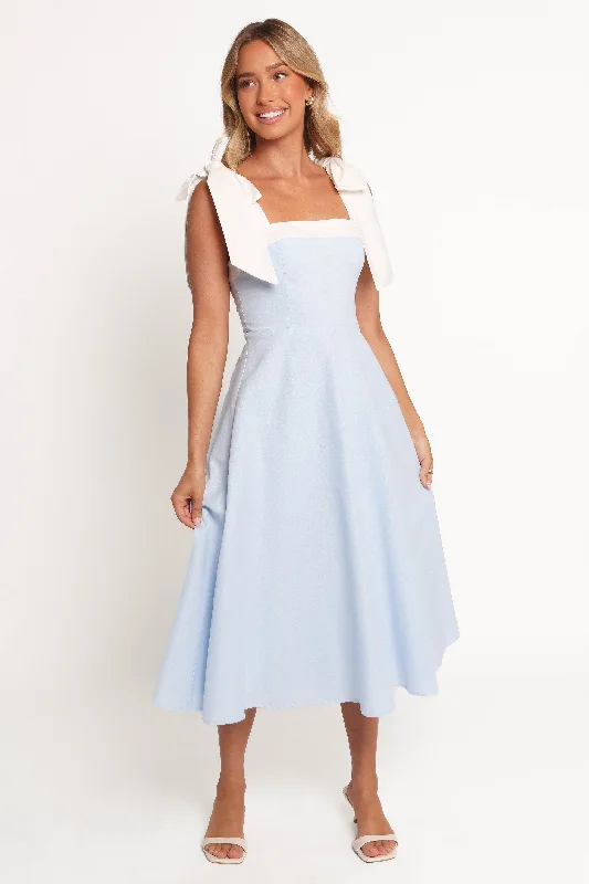 Midi dresses with mesh inserts for a trendy and breathable option Olinda Midi Dress - Pale Blue/White Midi dresses with mesh inserts for a trendy and breathable option Olinda Midi Dress - Pale Blue/White