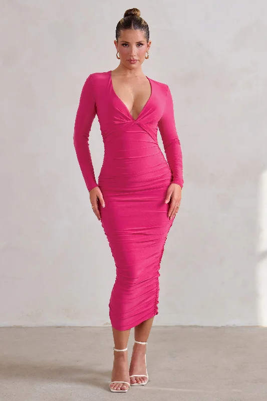Midi dresses with abstract art prints for an artistic statement Renee | Hot Pink Plunge Twist Neckline Long Sleeve Ruched Midi Dress Midi dresses with abstract art prints for an artistic statement Renee | Hot Pink Plunge Twist Neckline Long Sleeve Ruched Midi Dress
