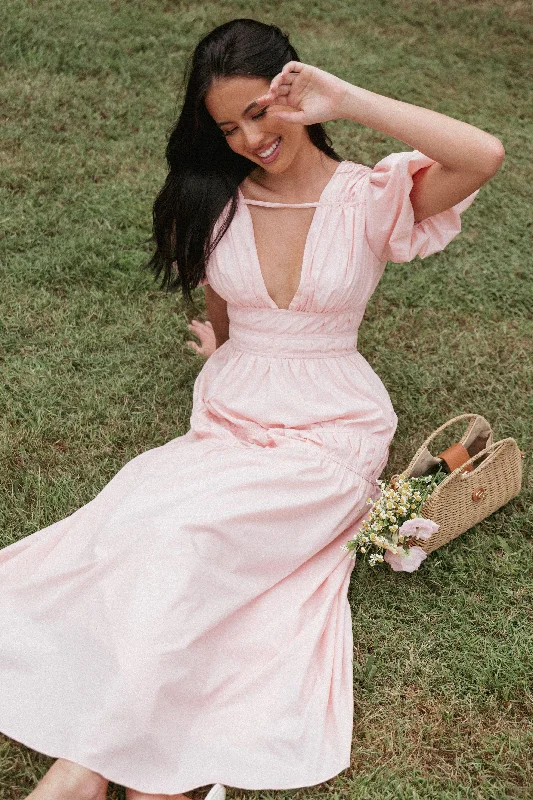 Midi dresses with patchwork patterns for a one - of - a - kind style Joedy Puff Sleeve Midi Dress - Pale Pink Midi dresses with patchwork patterns for a one - of - a - kind style Joedy Puff Sleeve Midi Dress - Pale Pink