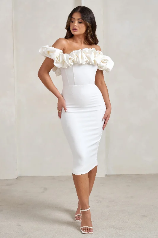 Midi dresses with cotton - blend materials for everyday comfort Estie | White Structured Statement Bardot Midi Dress Midi dresses with cotton - blend materials for everyday comfort Estie | White Structured Statement Bardot Midi Dress