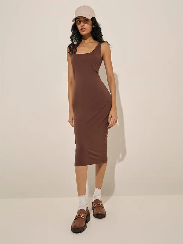 Mini dresses with keyhole necklines Nuon Brown Solid Cotton Bodycon Dress