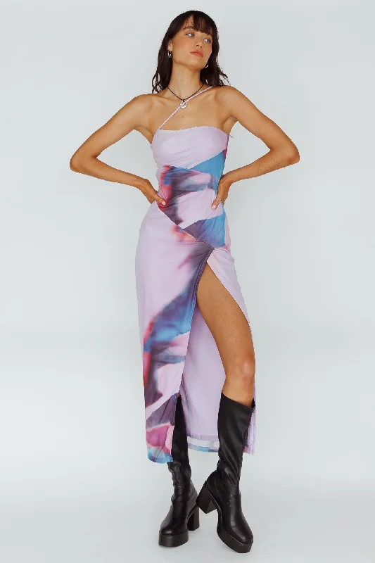 Wrap - style midi dresses in silk for a sophisticated office look Martine One Strap Mesh Midi Dress Print Plum Wrap - style midi dresses in silk for a sophisticated office look Martine One Strap Mesh Midi Dress Print Plum