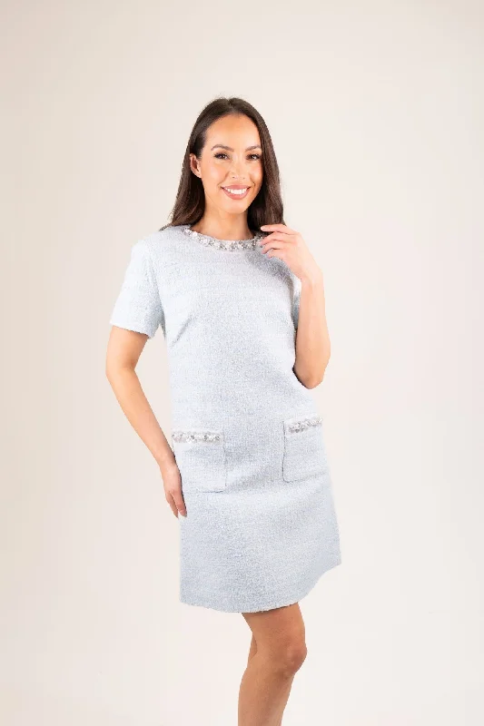 Metallic mini dresses for a glamorous event Nadia Embellished Trim Dress In Sky Blue Metallic mini dresses for a glamorous event Nadia Embellished Trim Dress In Sky Blue