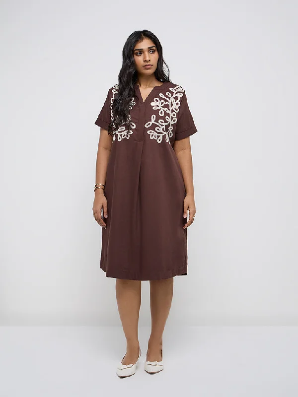 Mini dresses with ruched bodices for a feminine touch Gia Dark Brown Embroidered Cotton A-Line Dress Mini dresses with ruched bodices for a feminine touch Gia Dark Brown Embroidered Cotton A-Line Dress