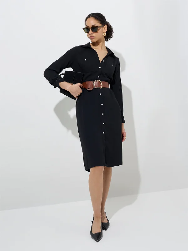 Sheer mini dresses with lace inserts Wardrobe Black Solid Shirt Dress with Belt