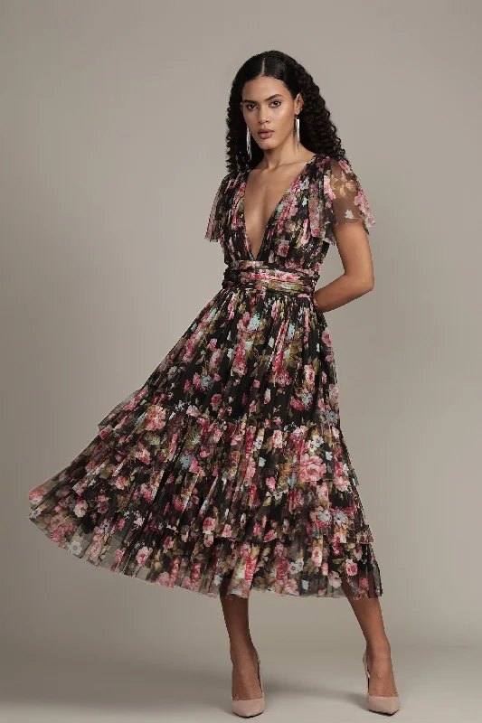 Midi dresses with off - the - shoulder necklines for a flirty look Madison Black Floral Tulle Midi Dress Midi dresses with off - the - shoulder necklines for a flirty look Madison Black Floral Tulle Midi Dress