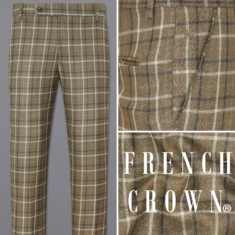 Tapered Leg Women's Wool Blend Trousers for WinterSandstone Brown Plaid Pant