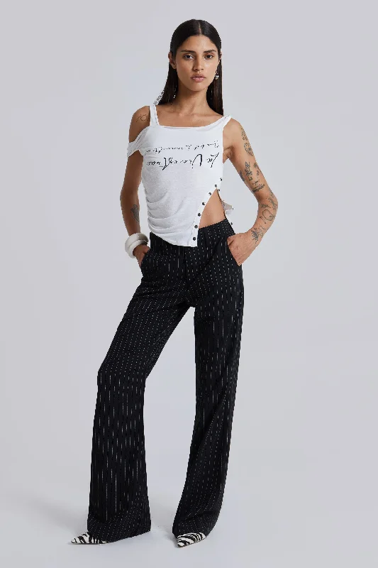 Plus Size Women's Patchwork - Design Jeans for a Unique AppearanceBlack Pinstripe Stacked Bootcut Suit Pants Plus Size Women's Patchwork - Design Jeans for a Unique AppearanceBlack Pinstripe Stacked Bootcut Suit Pants