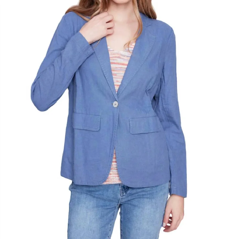 Women's Tailored Stretch Blazers in Navy Blue for Business MeetingsDenim Solid Linen Blazer In Blue Women's Tailored Stretch Blazers in Navy Blue for Business MeetingsDenim Solid Linen Blazer In Blue