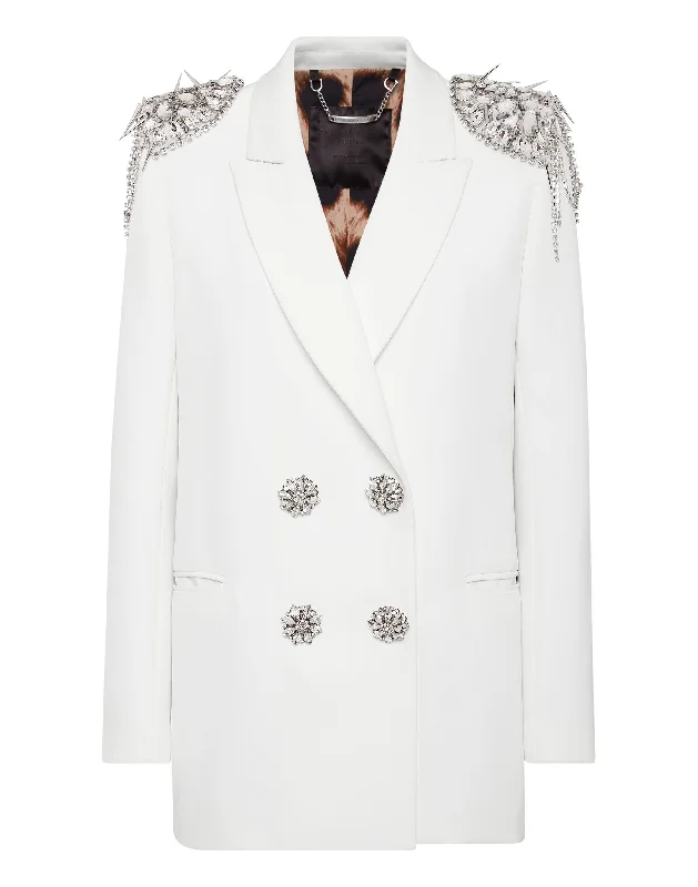 Plus Size Women's Military - Inspired Blazers with Gold Accents for a Bold LookDouble-Breasted Blazer with Crystals Plus Size Women's Military - Inspired Blazers with Gold Accents for a Bold LookDouble-Breasted Blazer with Crystals