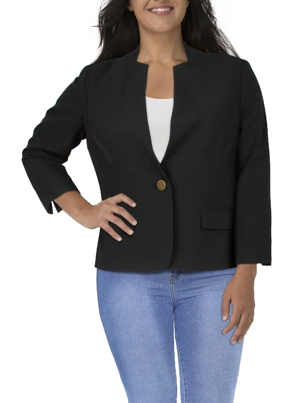 Plus Size Women's Cropped Velvet Blazers in Burgundy for a Night OutPetites Womens Knit Long Sleeves One-Button Blazer