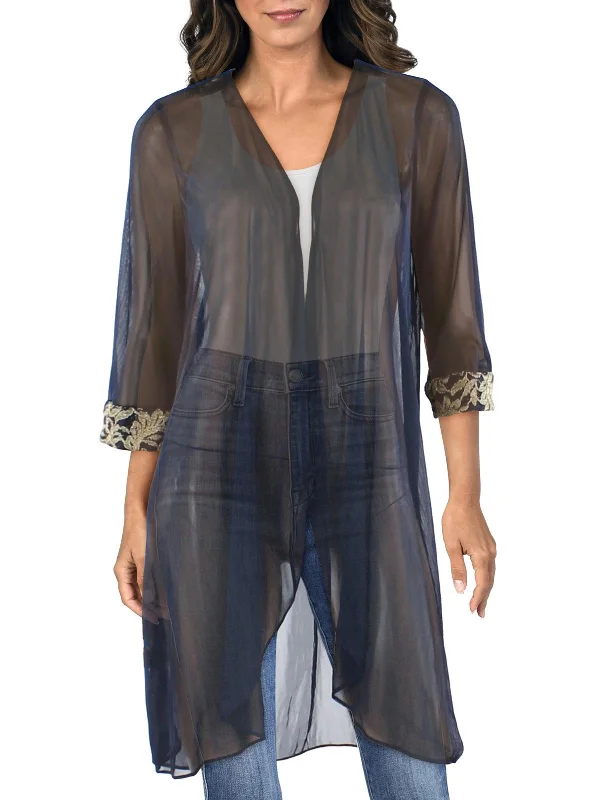 Petites Womens Mesh Sheer Duster Blazer