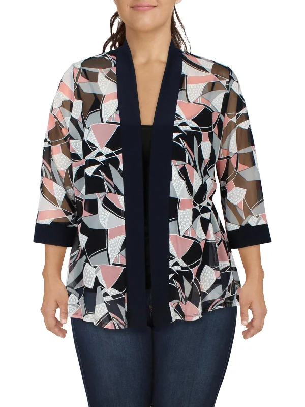 Women's Longline Linen Blazers in Pastel Colors for Summer EventsPlus Womens Abstract Open Front Collarless Blazer Women's Longline Linen Blazers in Pastel Colors for Summer EventsPlus Womens Abstract Open Front Collarless Blazer