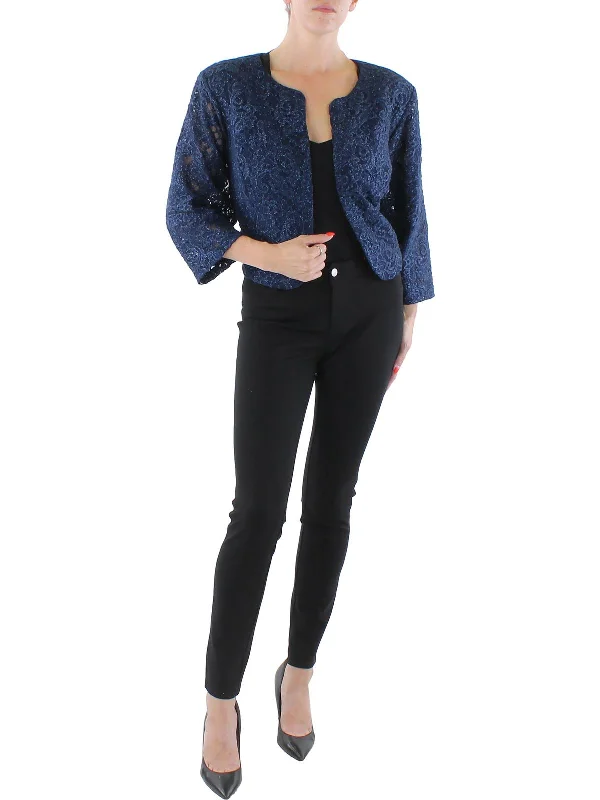 Women's Tailored Stretch Blazers in Navy Blue for Business MeetingsPlus Womens Lace Glitter Collarless Blazer Women's Tailored Stretch Blazers in Navy Blue for Business MeetingsPlus Womens Lace Glitter Collarless Blazer
