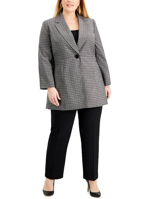 Plus Size Women's Faux Fur - Trimmed Blazers in Black for a Luxurious LookPlus Womens Plaid One-Button Duster Blazer Plus Size Women's Faux Fur - Trimmed Blazers in Black for a Luxurious LookPlus Womens Plaid One-Button Duster Blazer