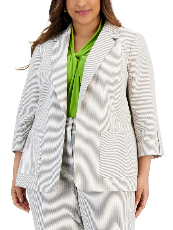 Single - Breasted Women's Tweed Blazers with Gold Buttons for a Classic LookWomens Striped Seersucker Open-Front Blazer Single - Breasted Women's Tweed Blazers with Gold Buttons for a Classic LookWomens Striped Seersucker Open-Front Blazer