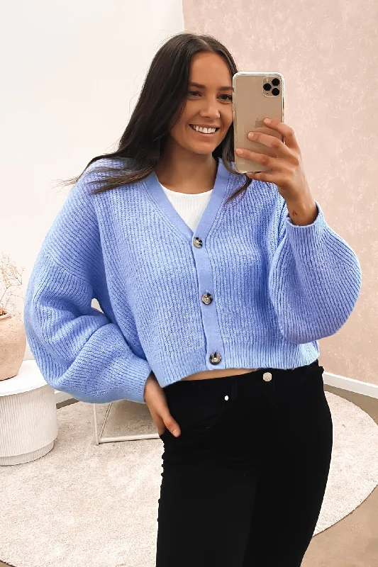 hand knitted women cardigan with artisanal charmAri Cardi Blue