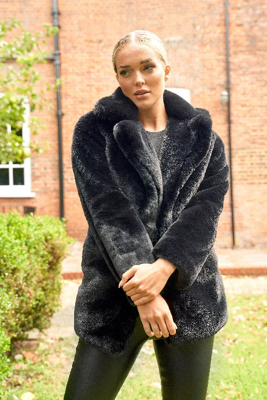 Women's cropped leather coats with silver studs for an edgy lookBlack Collared Full Pelt Rabbit Faux Coat Women's cropped leather coats with silver studs for an edgy lookBlack Collared Full Pelt Rabbit Faux Coat