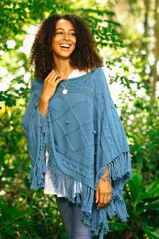 cropped women cardigan to pair with high - waisted jeansCharming Knit in Cerulean Short Knit Cotton Poncho in Cerulean from Thailand cropped women cardigan to pair with high - waisted jeansCharming Knit in Cerulean Short Knit Cotton Poncho in Cerulean from Thailand