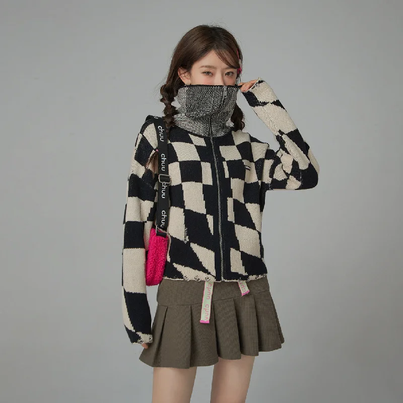 plus size women cardigan for comfortable layeringCheck Mate Queen Checkerboard Zip-Up Cardigan plus size women cardigan for comfortable layeringCheck Mate Queen Checkerboard Zip-Up Cardigan